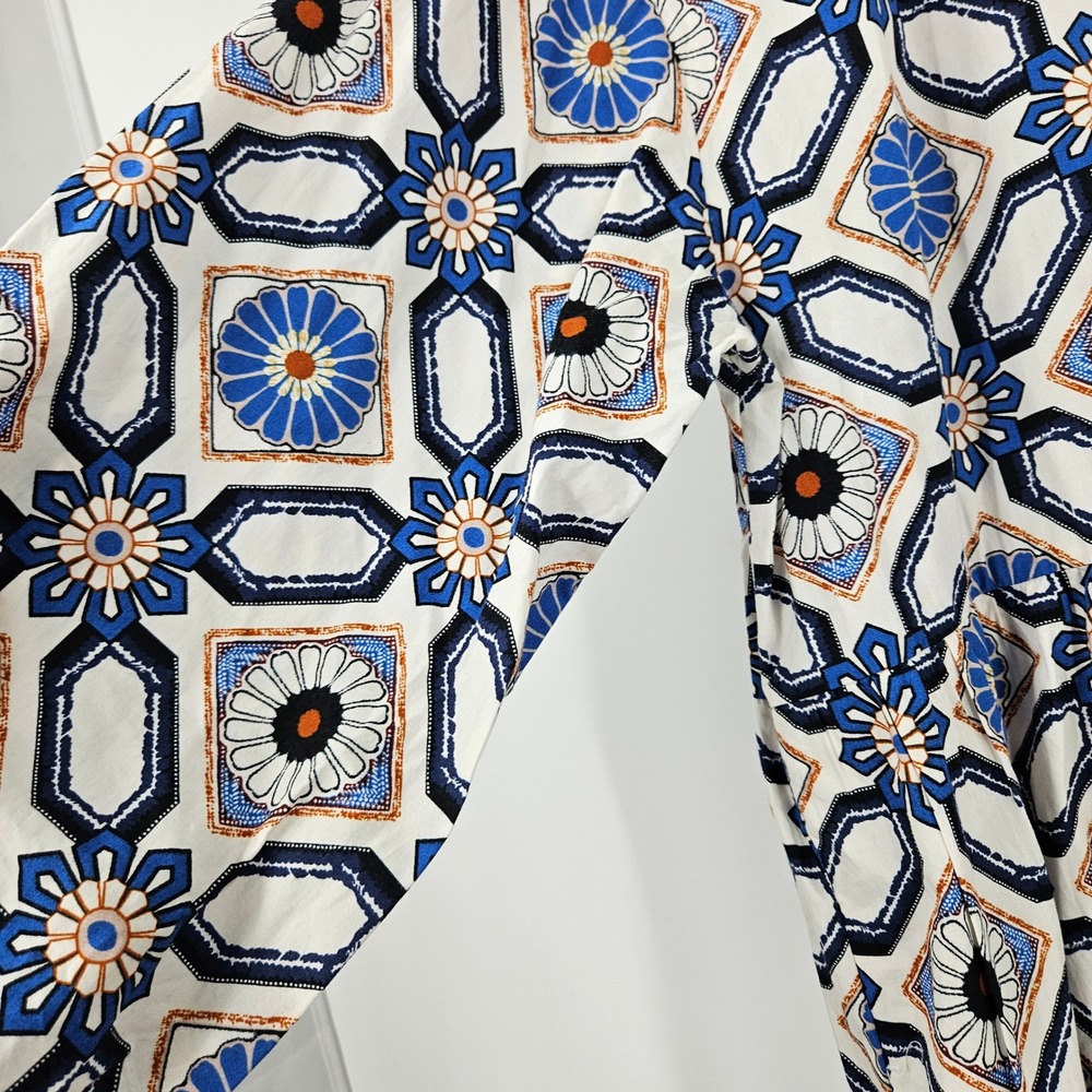 Maeve Anthropologie Bettina Tiered Shirt Dress Blue White Geometric Tile Print M - Picture 6 of 10